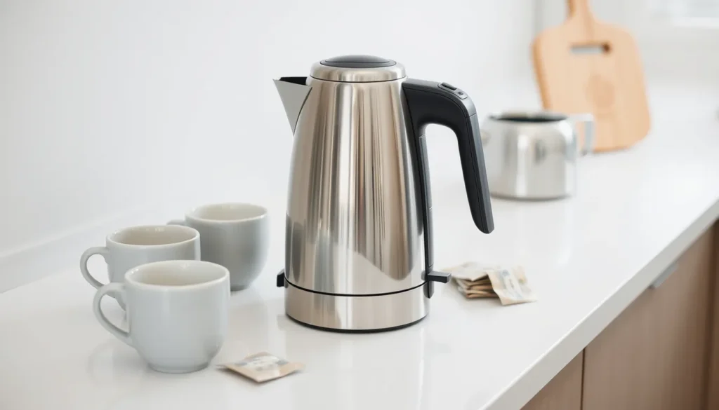 A modern stainless steel electric kettle on a kitchen counter with a digital display and a small LED indicator.