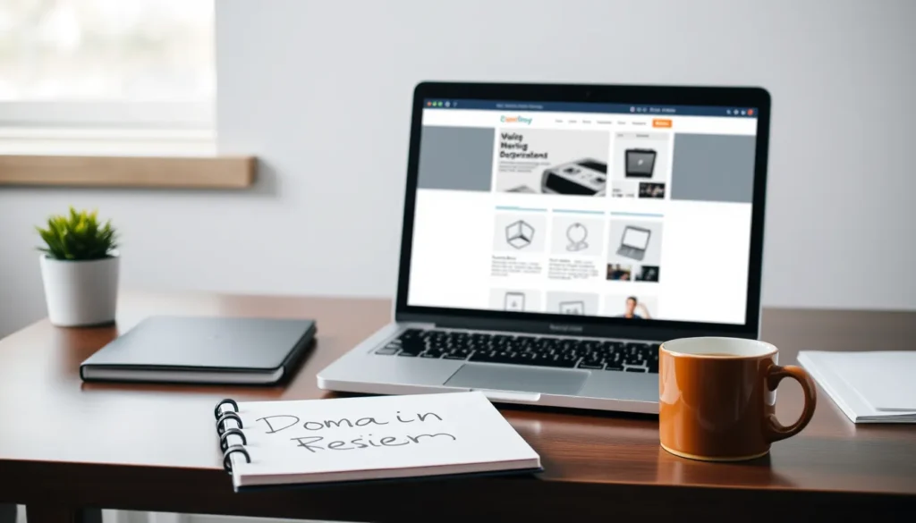 A tidy office desk with a laptop showing a website layout, a notepad with a domain sketch, and a coffee mug.