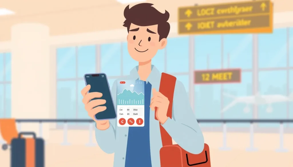 Traveler holding smartphone with exchange rate chart, airport terminal backdrop.